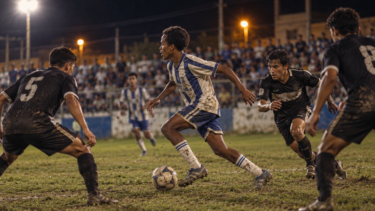 Player dribbling the ball in a night match